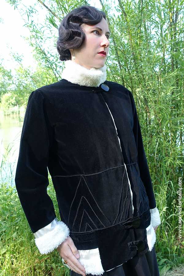1920s Black Velvet Jacket White Faux Fur Art Deco Zig Zag Soutache Braid Pattern