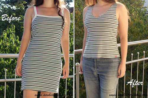Before After Picture, Dress To Top Refashion, Old T-Shirt Crafts