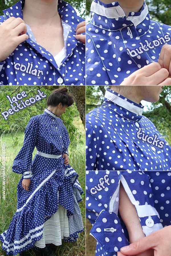 Edwardian Blue Polka Dot Cotton Dress Sewing Details Standing Collar Button Closure Cuffs Lace Petticoat
